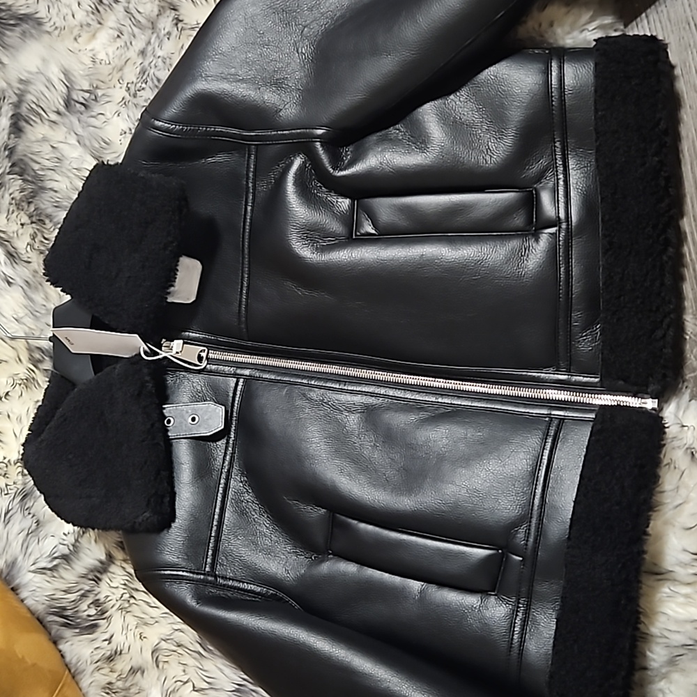 Mango faux shearling-lined biker